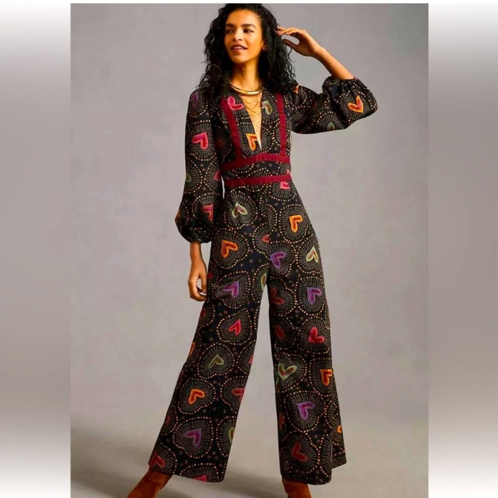 Farm Rio for Anthropologie Deep V Neck Heart  Size Large Jumpsuit